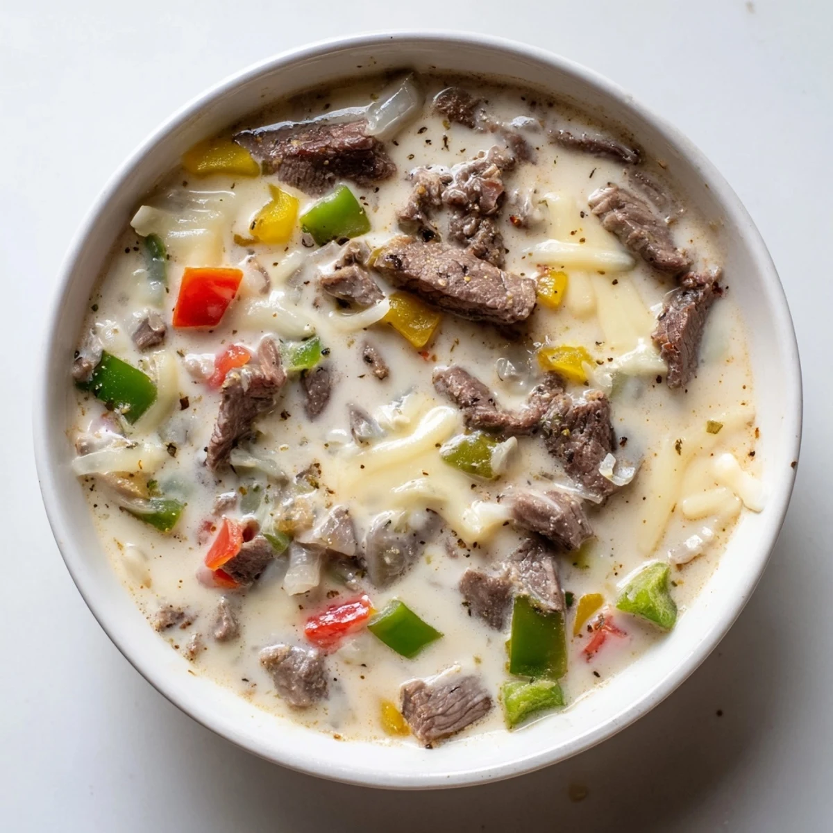 Creamy Philly cheesesteak soup topped with melted provolone and mozzarella in a white bowl