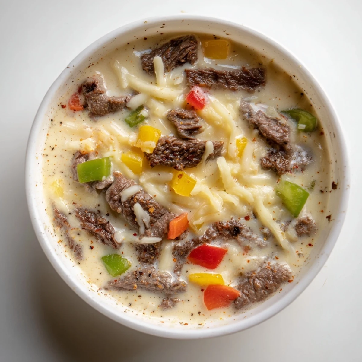 Hearty beef soup loaded with sautéed peppers, onions, and gooey melted cheese