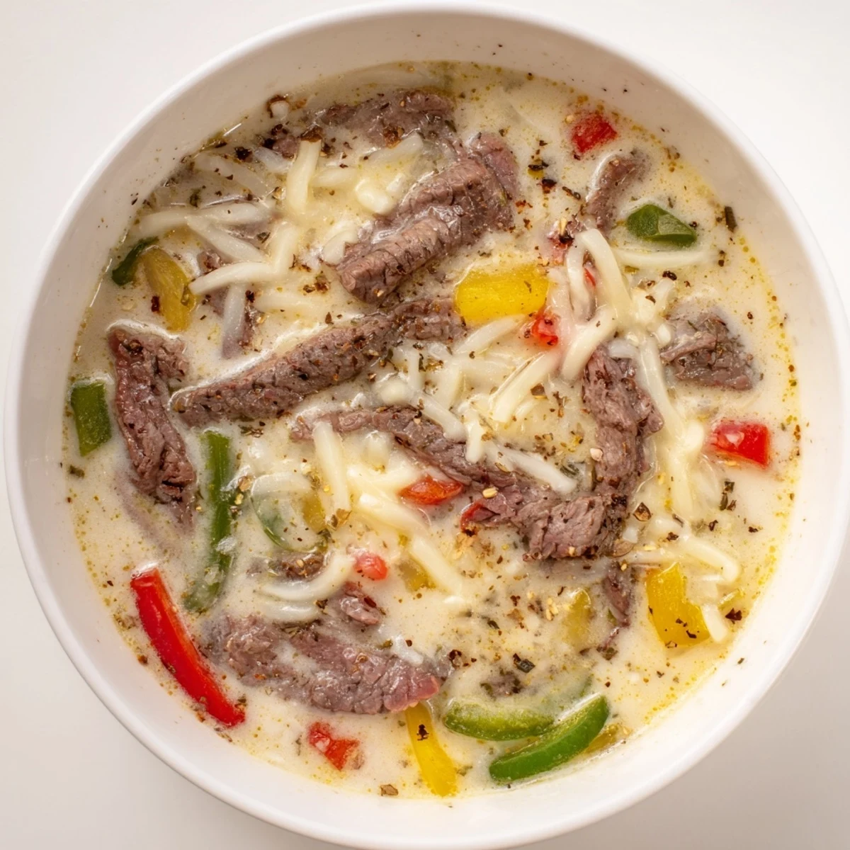 Savory Philly cheesesteak soup featuring tender beef strips and colorful diced vegetables