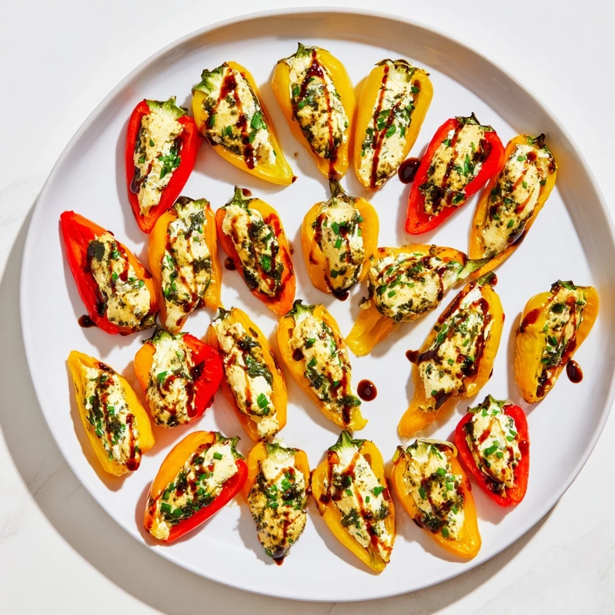 Golden roasted mini peppers mounded with creamy herbed goat cheese filling on a white serving plate