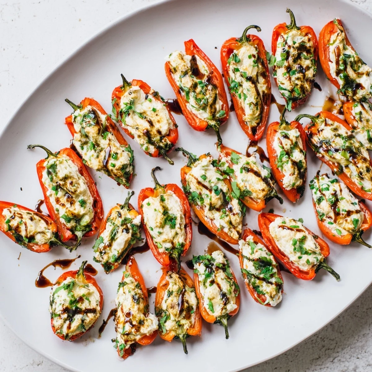 Colorful sweet pepper halves stuffed with tangy goat cheese and fresh herbs, drizzled with balsamic glaze