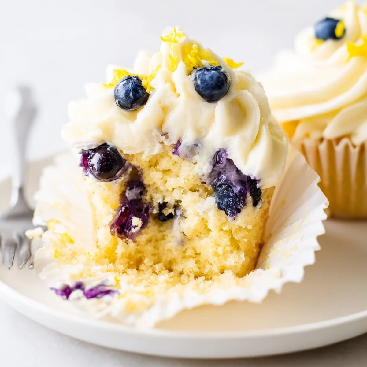 Fluffy lemon blueberry cupcakes bursting with juicy fruit and zesty citrus under creamy frosting