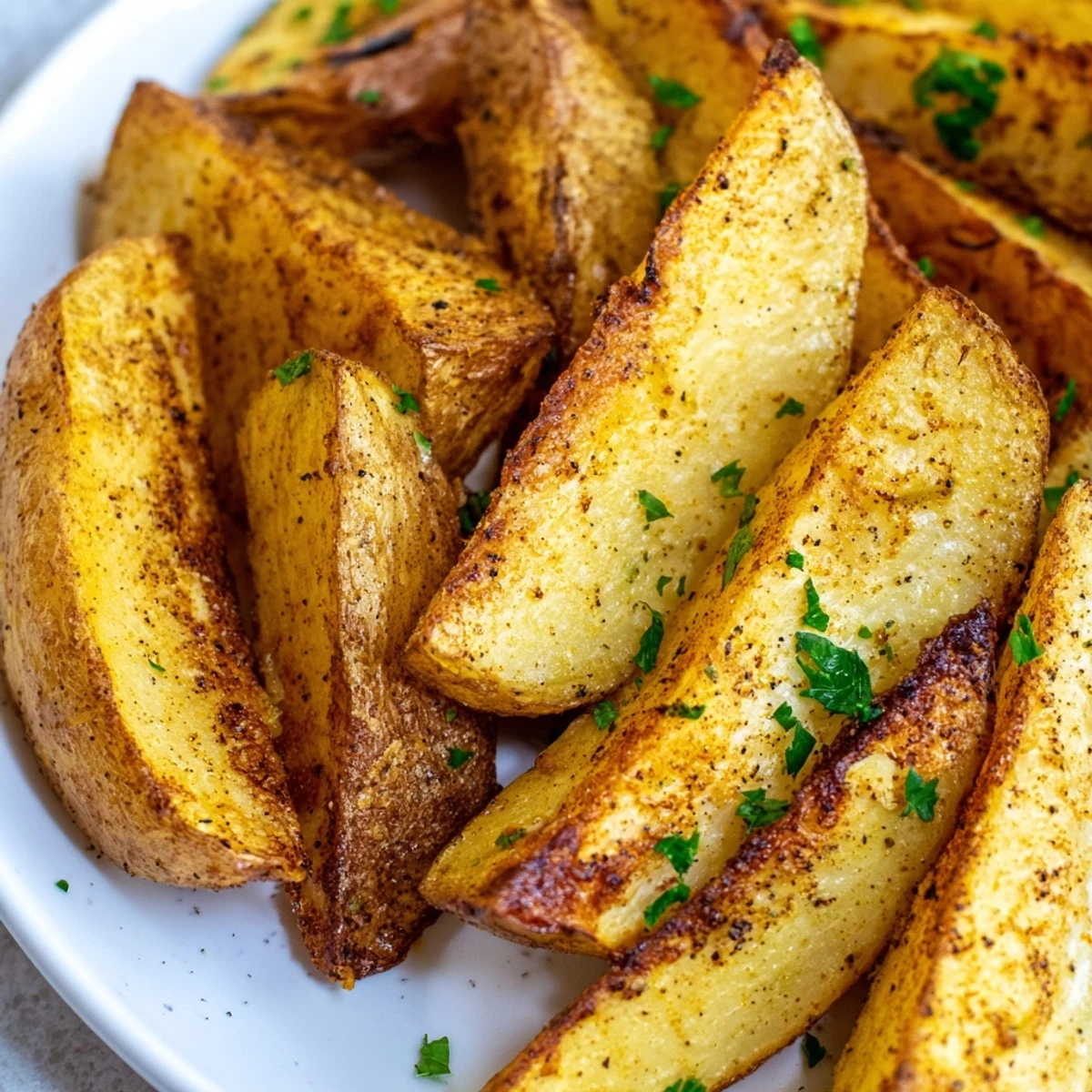 Crispy air fryer potato wedges with fluffy interiors, garnished with fresh chopped parsley for a healthy side dish