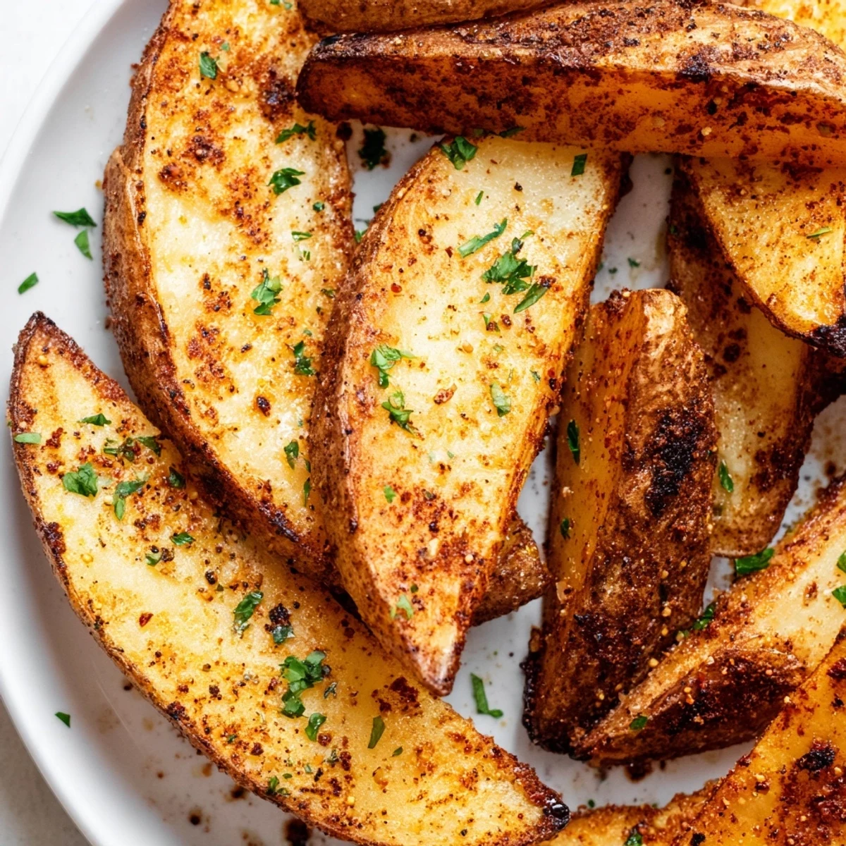 Basket full of seasoned russet potato wedges air frying to golden perfection, ready for dipping in ketchup