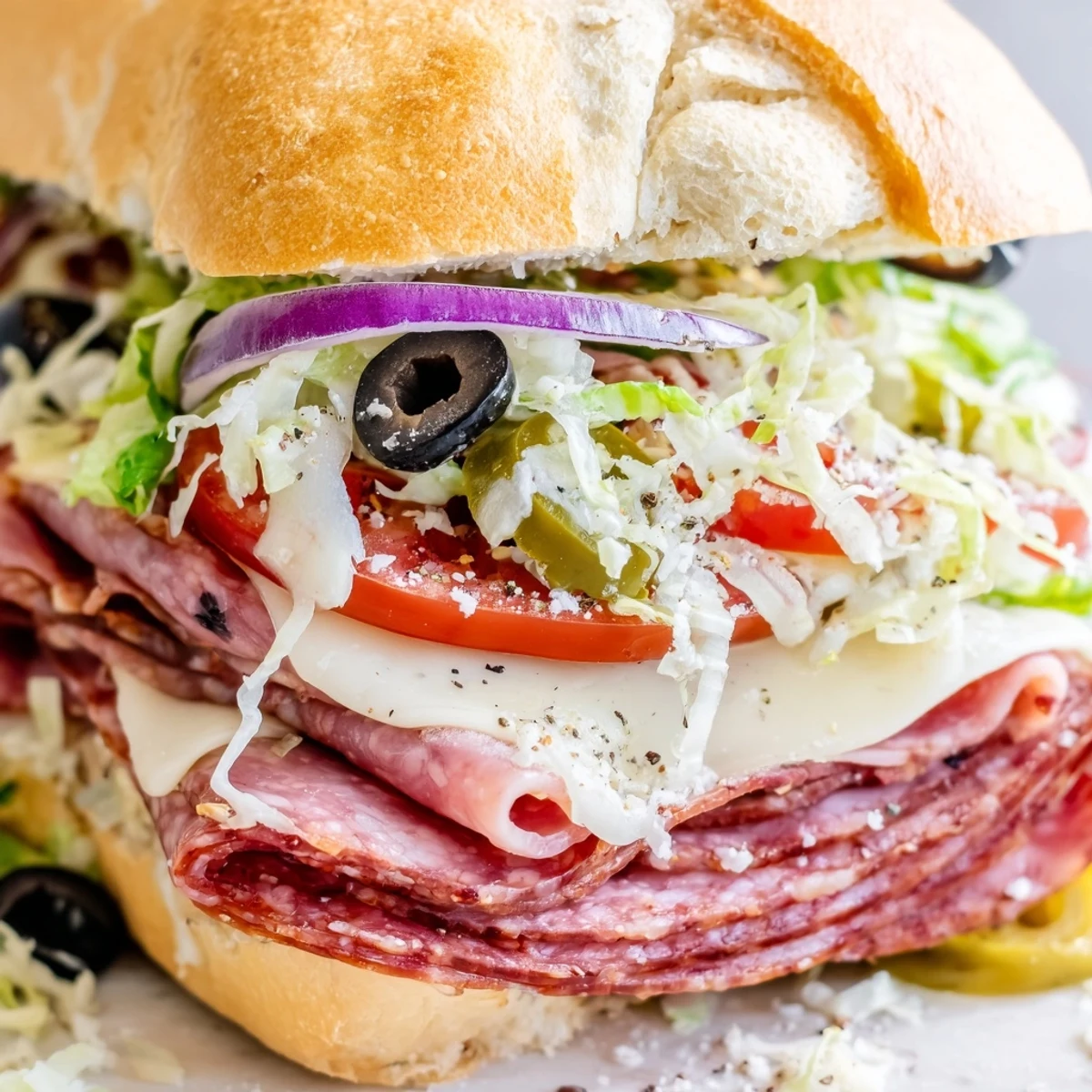 Crisp lettuce and pepperoncini salad atop layered Genoa salami, ham, and capicola in a sub