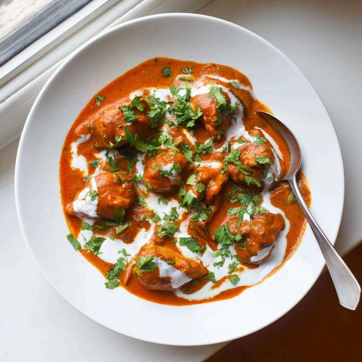 Creamy Instant Pot butter chicken served over fluffy white rice with fresh cilantro garnish