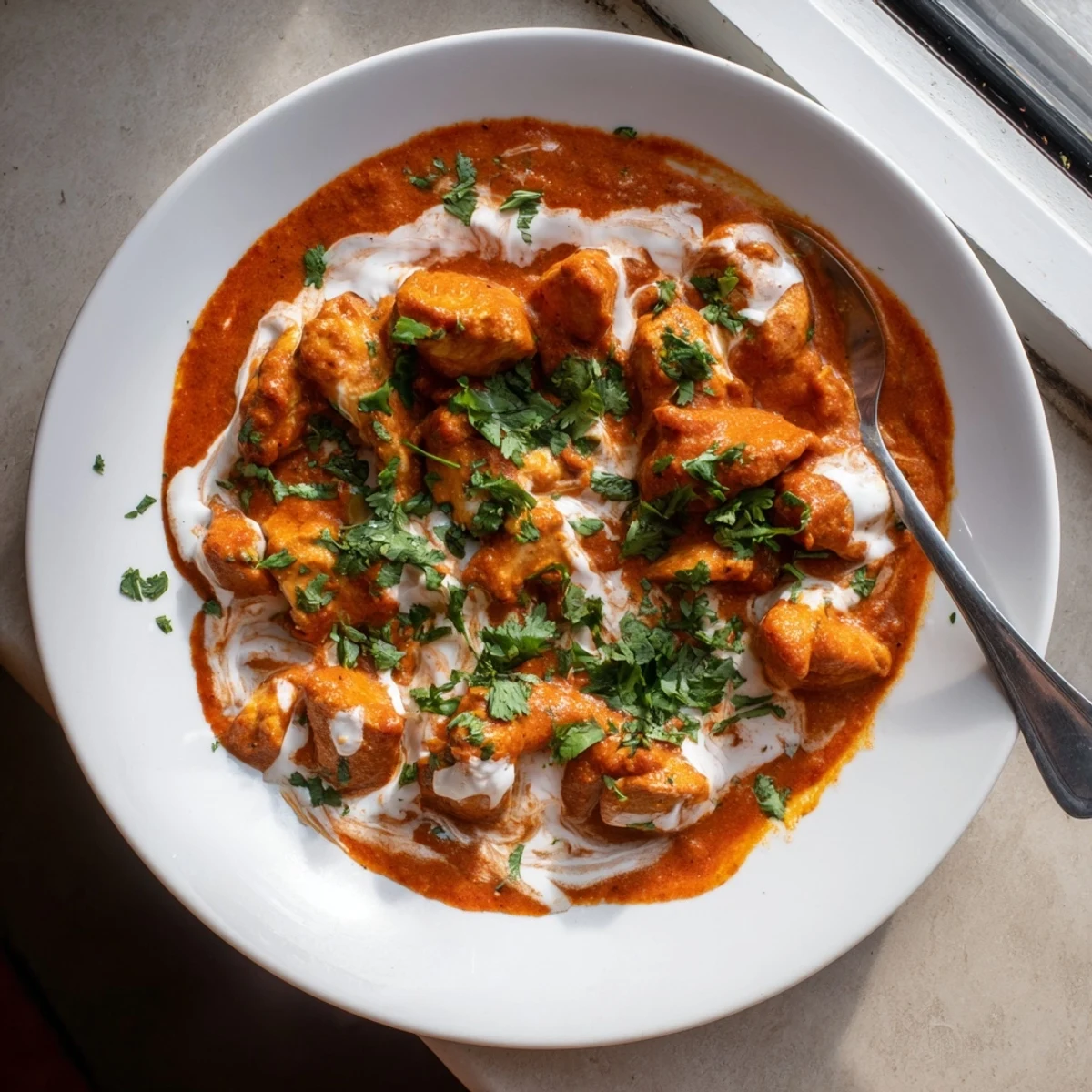 Tender chicken pieces simmered in rich tomato sauce finished with butter and heavy cream