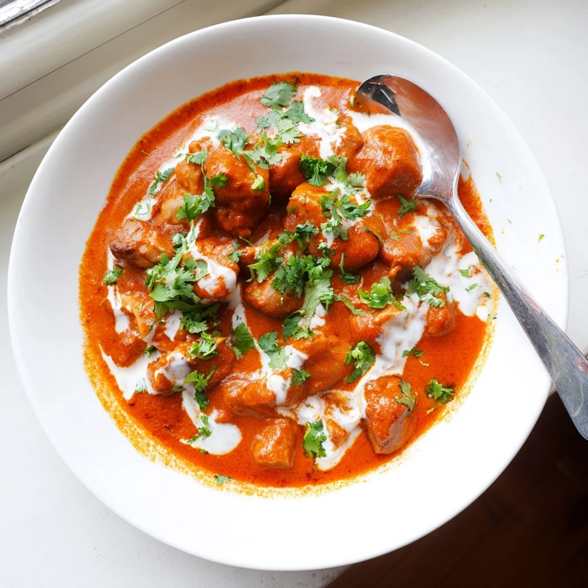 Golden orange curry sauce coats tender chicken thighs in this easy Instant Pot butter chicken