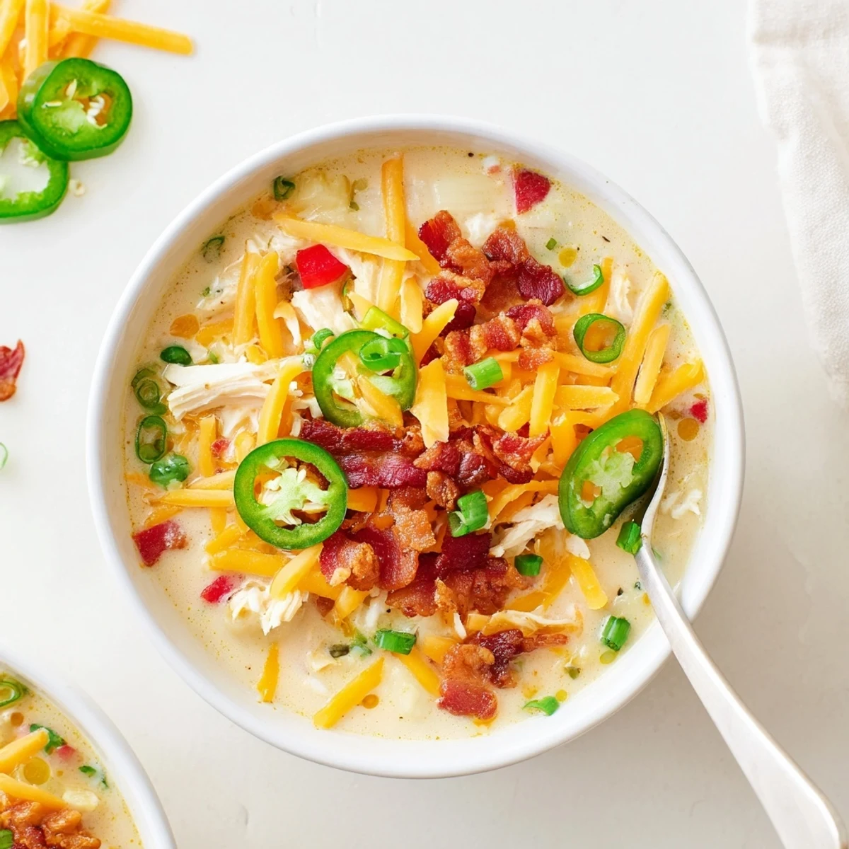 Creamy spicy jalapeño popper chicken soup garnished with crumbled bacon, shredded cheddar, and fresh sliced green onions