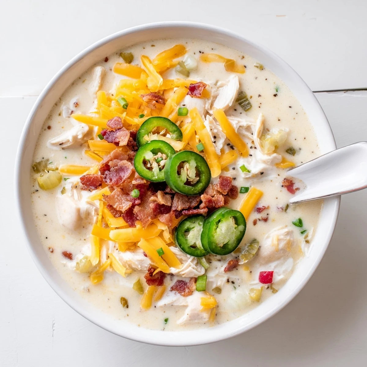 Steaming bowl of spicy jalapeño popper chicken soup featuring tender shredded chicken in a rich cheese broth with diced red bell peppers