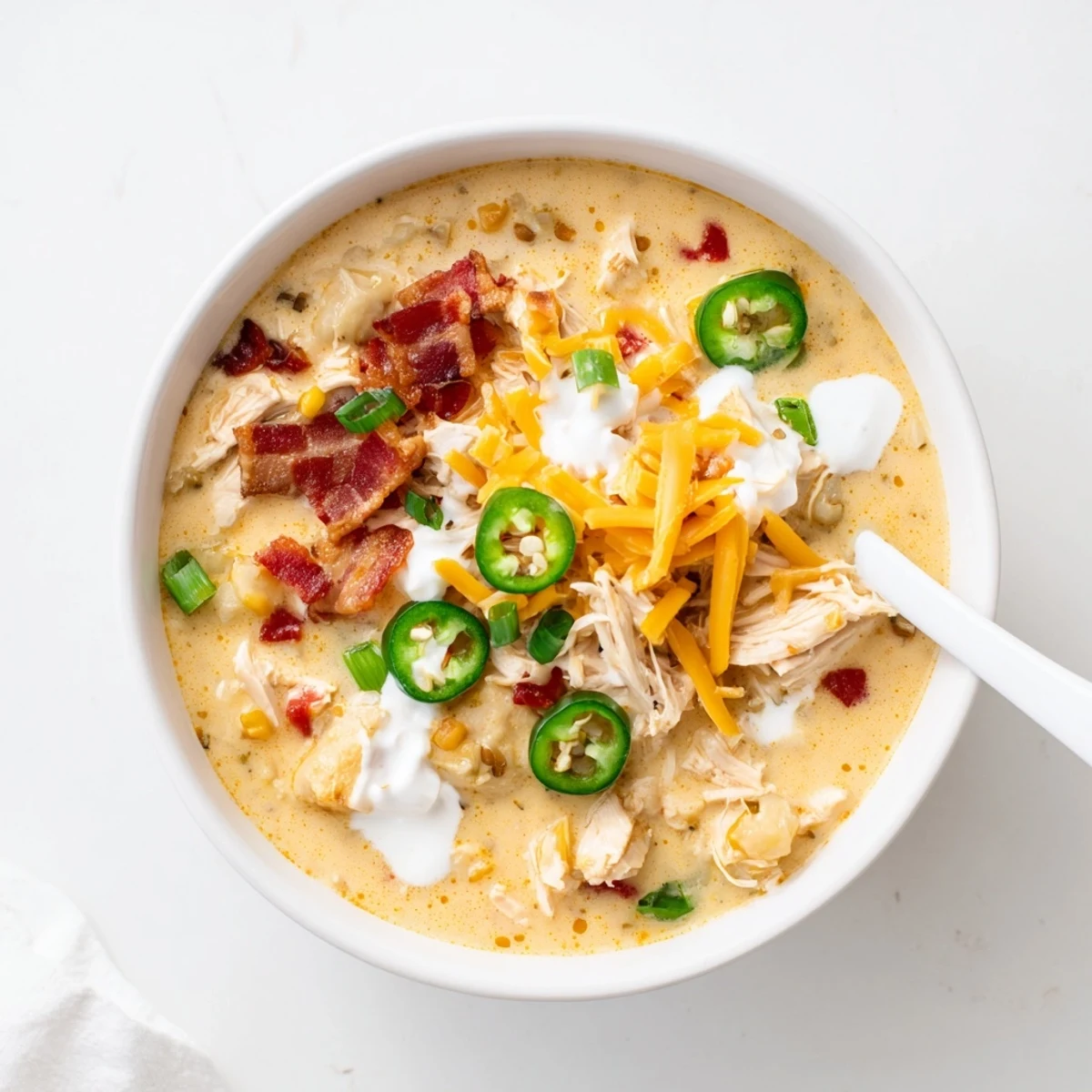 Golden spicy jalapeño popper chicken soup topped with crispy bacon bits and extra sharp cheddar cheese in a white soup bowl