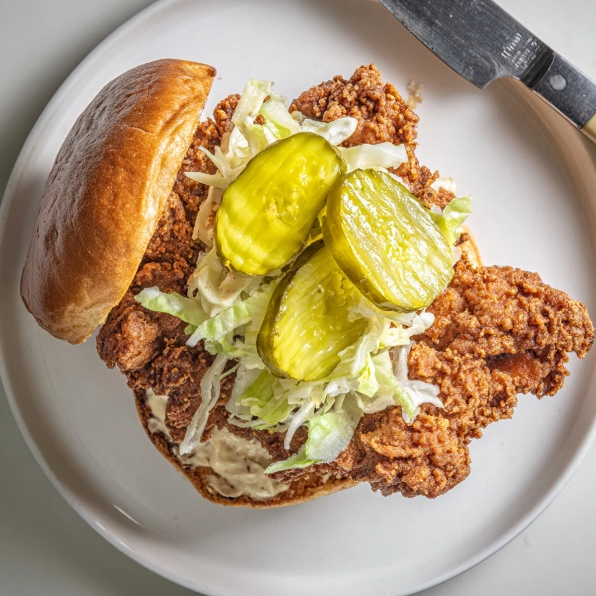 Golden brown pickle brined fried chicken sandwich topped with crisp lettuce and dill pickles on a toasted brioche bun
