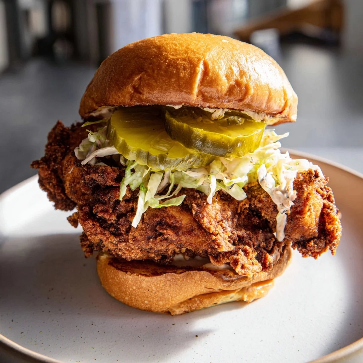 Homemade pickle brined fried chicken sandwich featuring crunchy fried chicken lettuce and pickle slices on a warm toasted bun