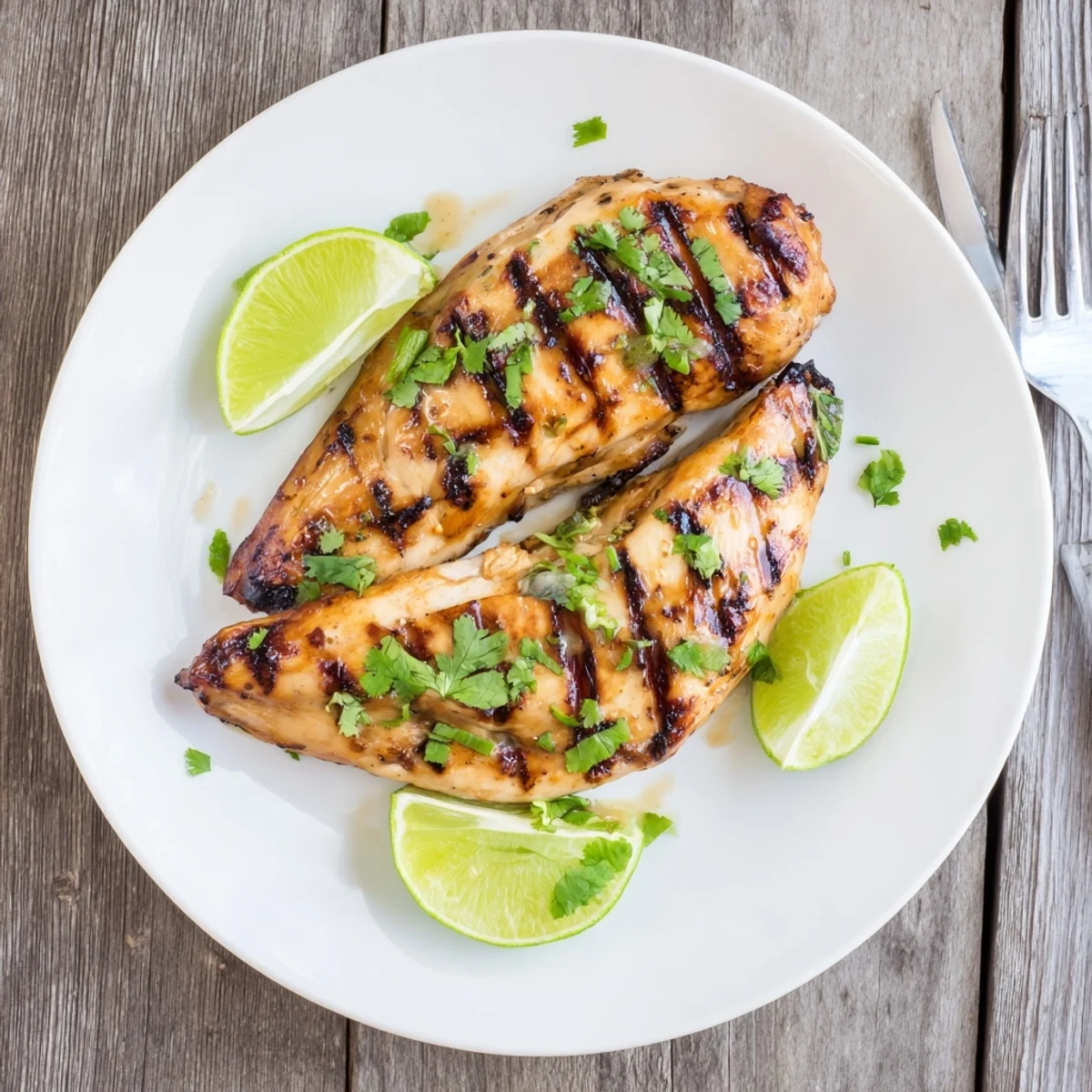 Golden Key West grilled chicken with charred grill marks and fresh lime wedges