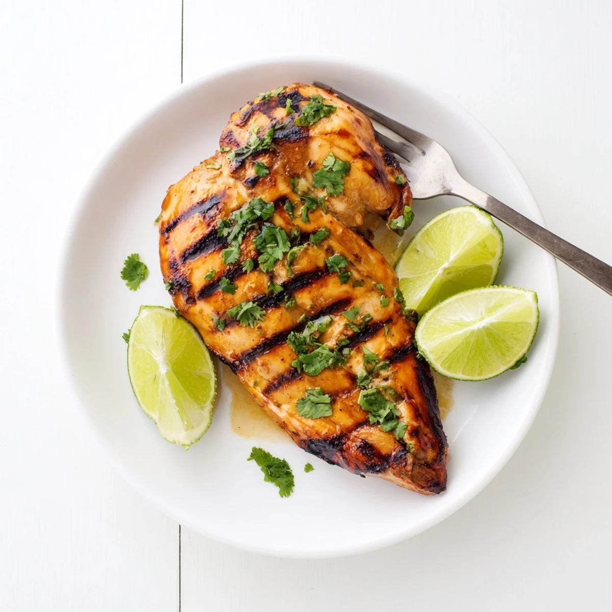 Citrus-marinated Key West grilled chicken breast garnished with chopped cilantro on white plate
