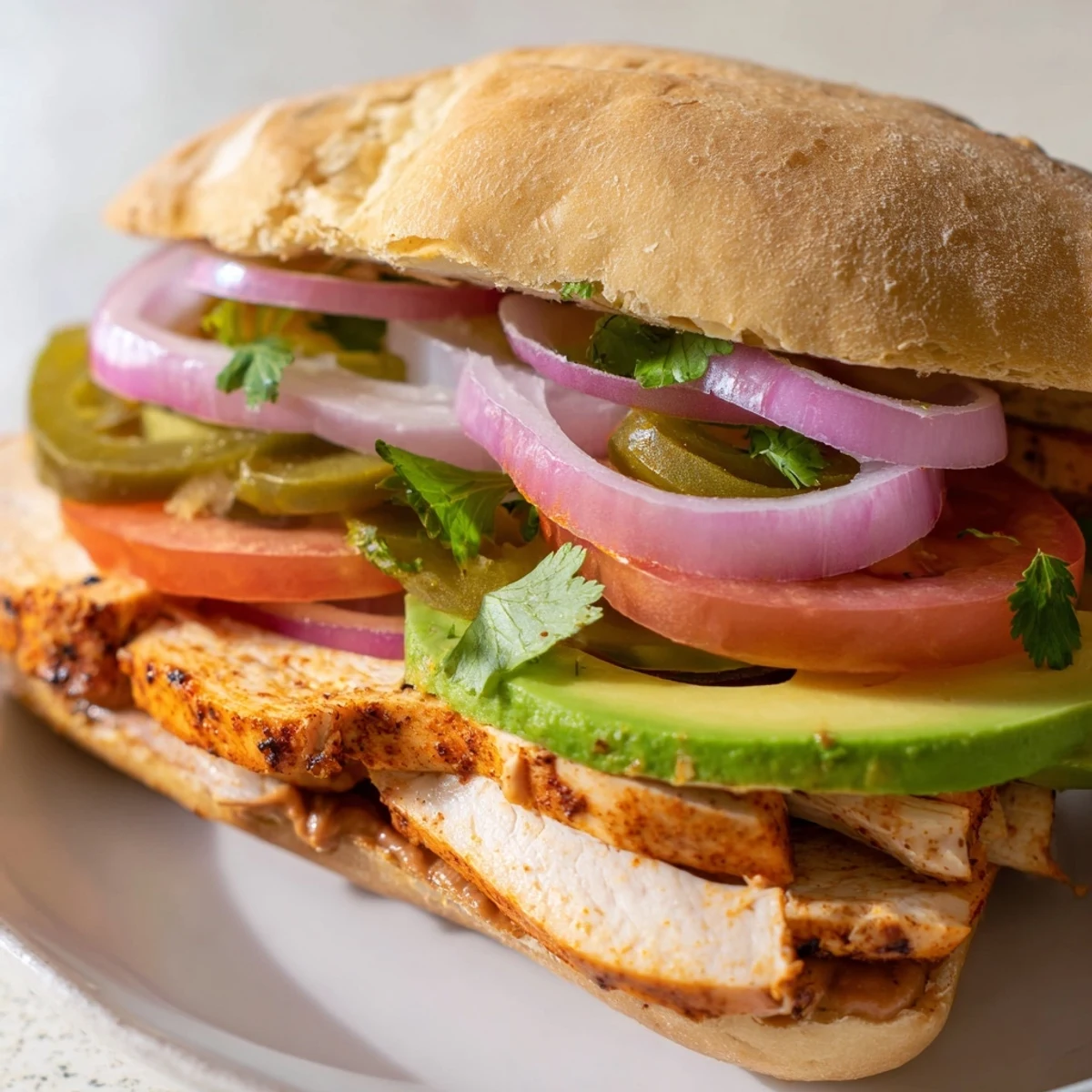 Chicken torta sandwich piled high with seasoned grilled chicken and fresh avocado slices on toasted bolillo roll