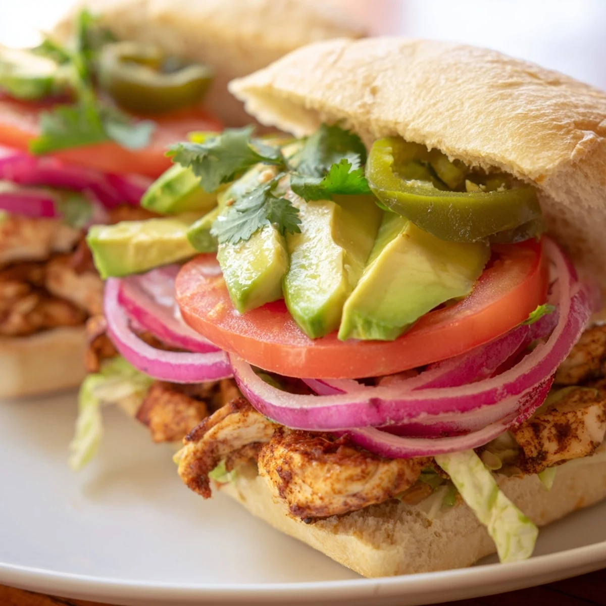 Mexican-style chicken torta sandwich layered with creamy refried beans, pickled jalapeños and shredded lettuce