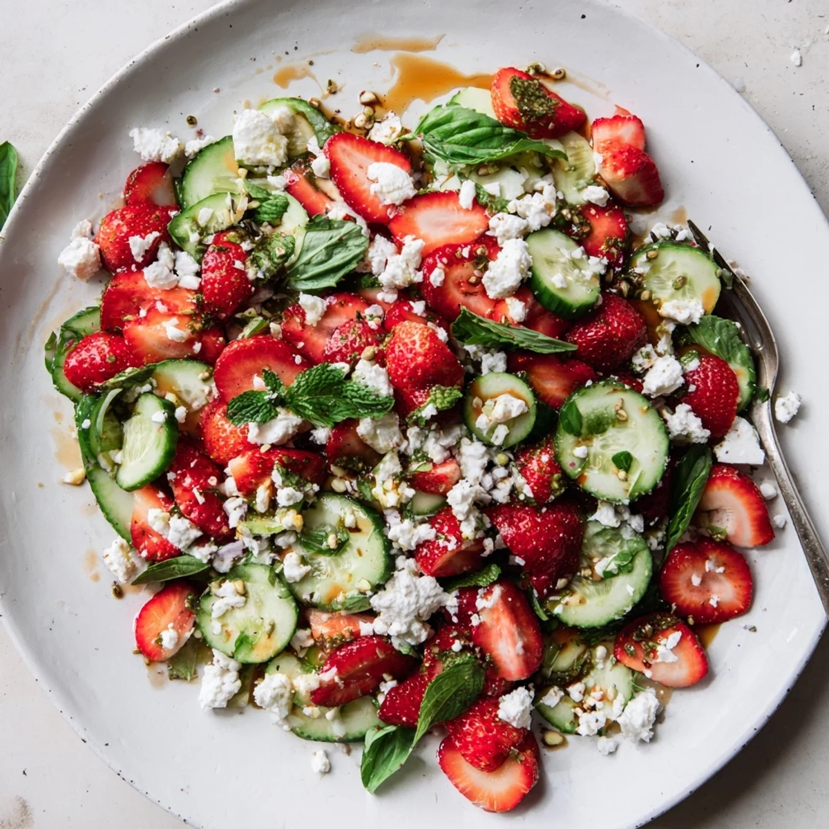 Fresh strawberry cucumber salad with juicy red berries and crisp green slices tossed with herbs