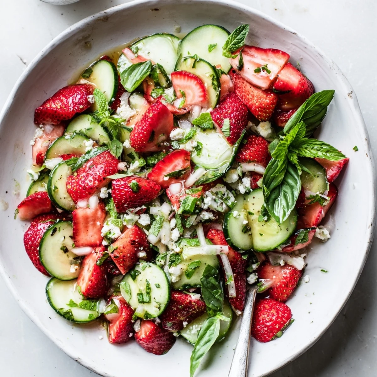 Colorful bowl of strawberry cucumber salad drizzled with tangy balsamic dressing and fresh mint leaves