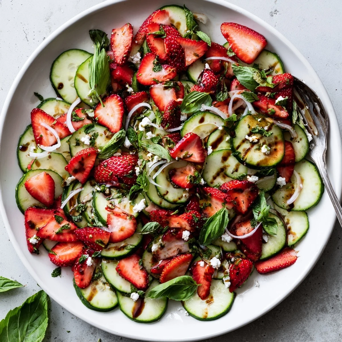 Summer strawberry cucumber salad featuring sliced strawberries, cucumber ribbons, and feta cheese on white plate