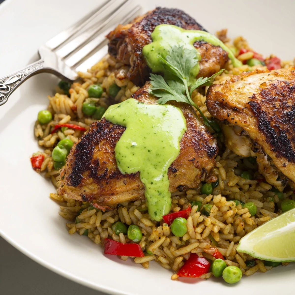 Golden Peruvian chicken rice with fluffy grains topped with vibrant green aji verde sauce