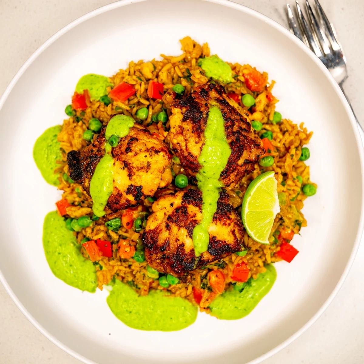 Savory chicken and rice dish garnished with creamy Peruvian green sauce and fresh lime wedges