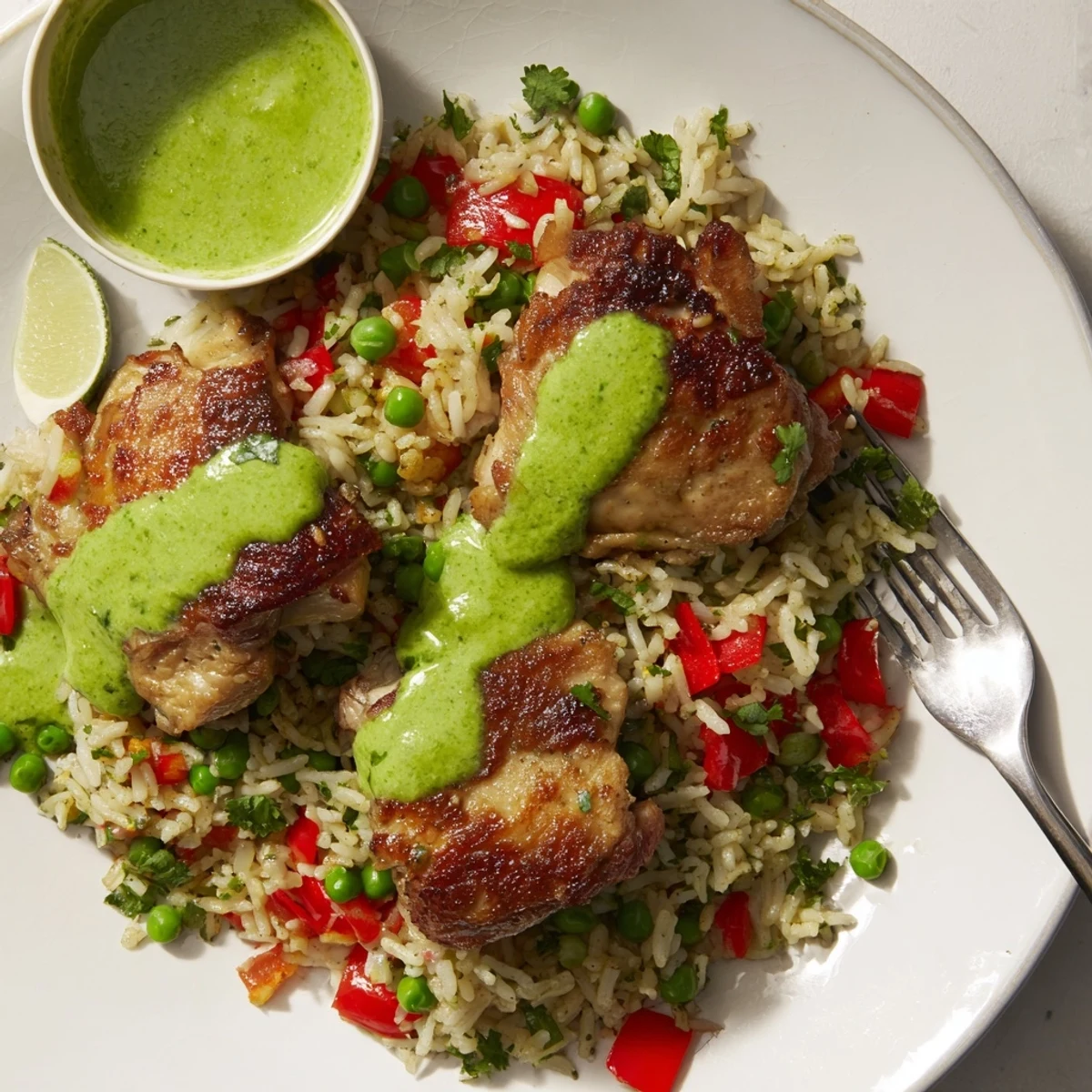 Juicy seasoned chicken thighs served over cilantro infused rice with zesty herbaceous green sauce drizzle