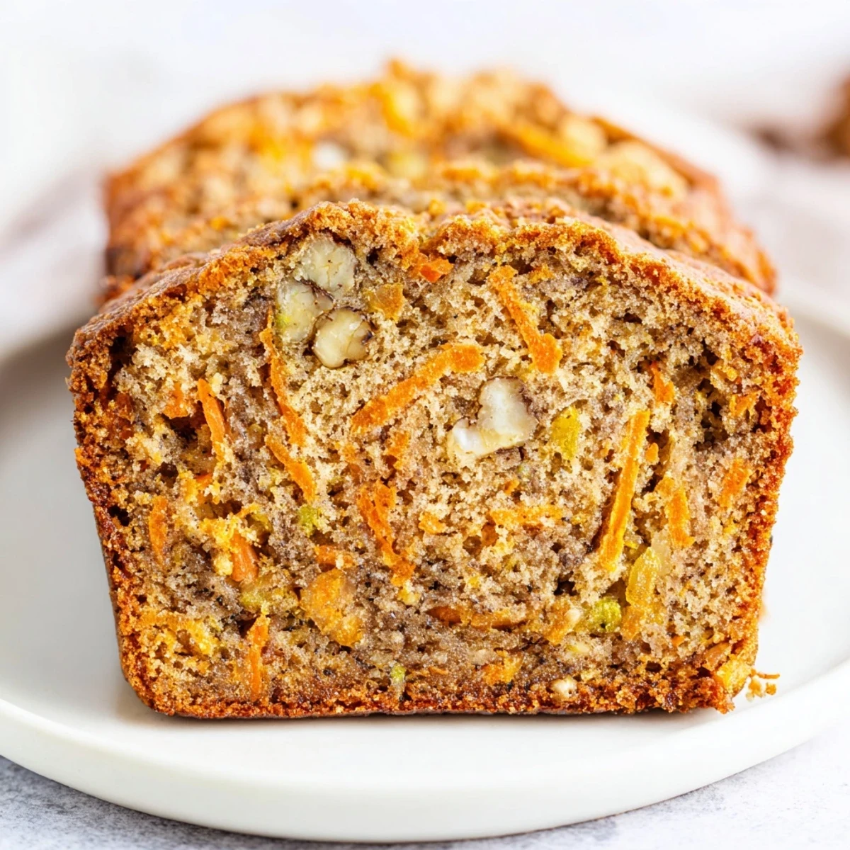 Moist slice of carrot cake banana bread topped with cream cheese frosting on a white plate