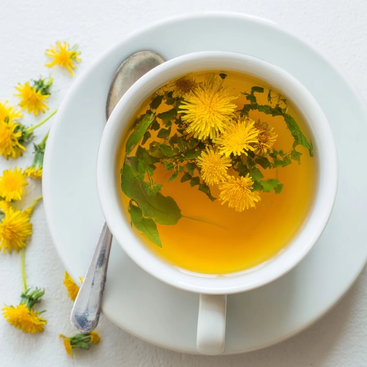 Hand holding cup of freshly brewed dandelion tea with honey drizzle and garnish