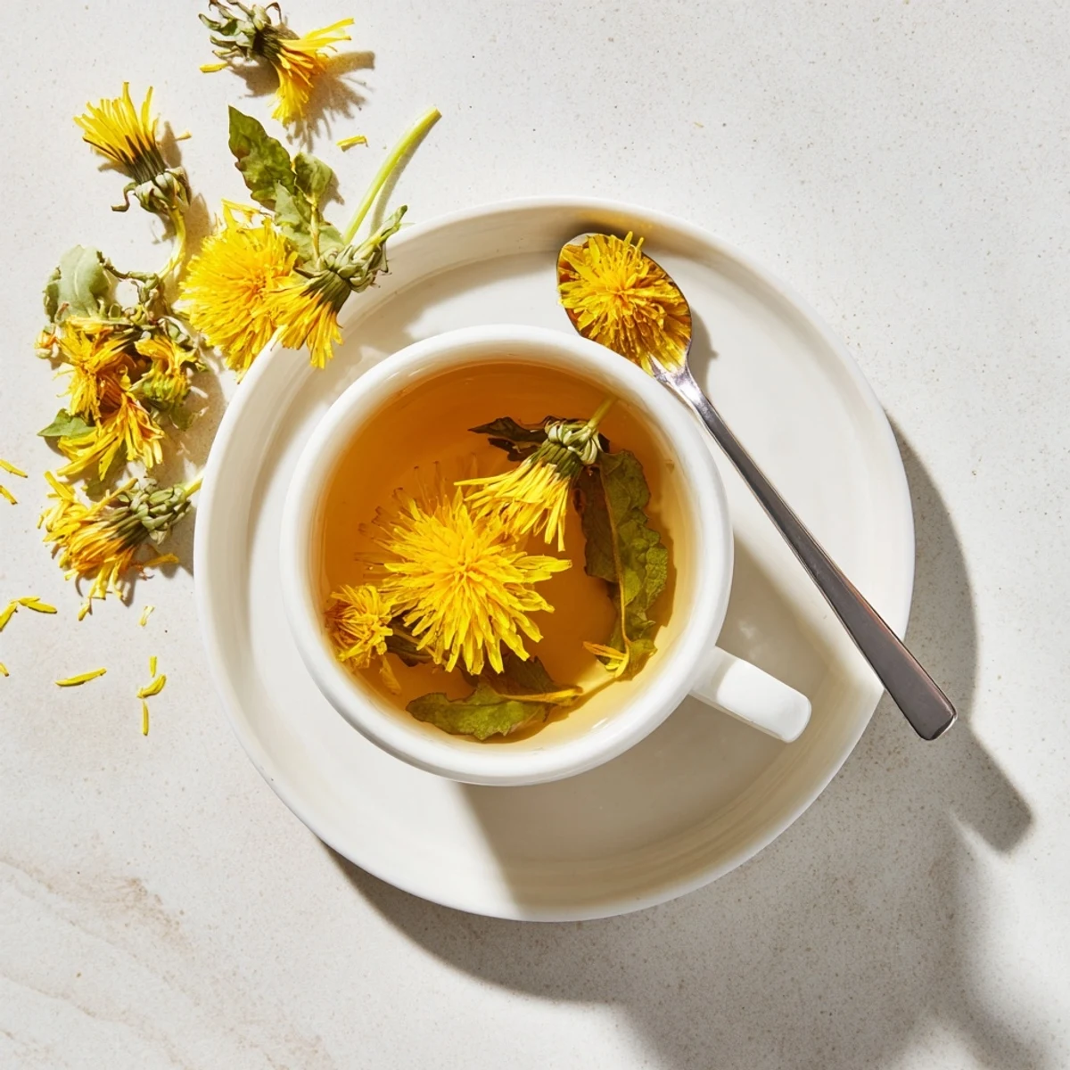 Warm dandelion tea infusion poured from glass kettle showing translucent golden herbal color