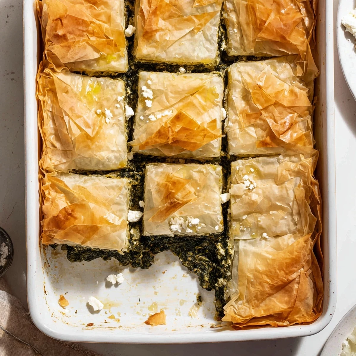 Crispy triangle slices of authentic Greek spanakopita revealing savory spinach and cheese