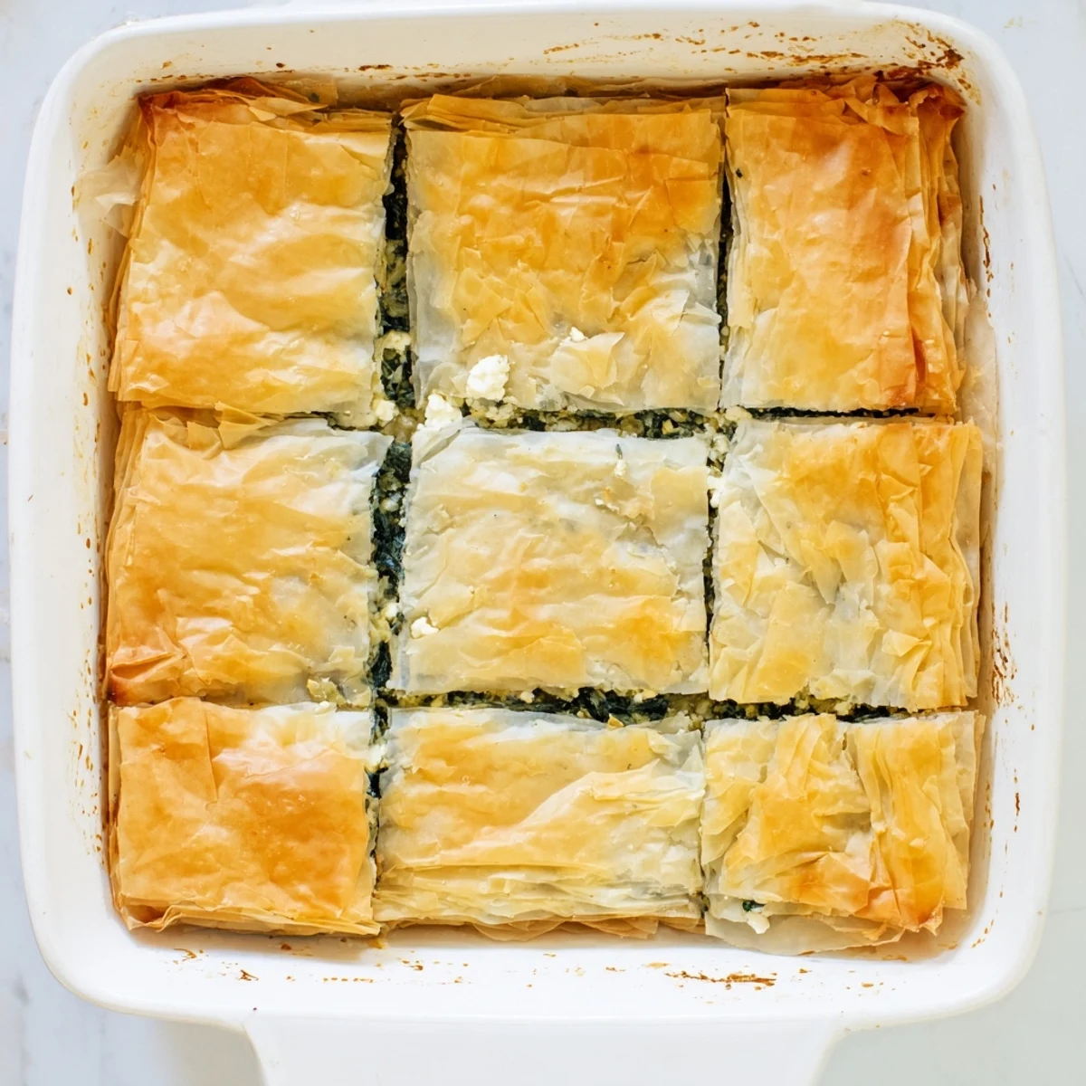 Freshly baked authentic Greek spanakopita pie with golden brown phyllo pastry topping