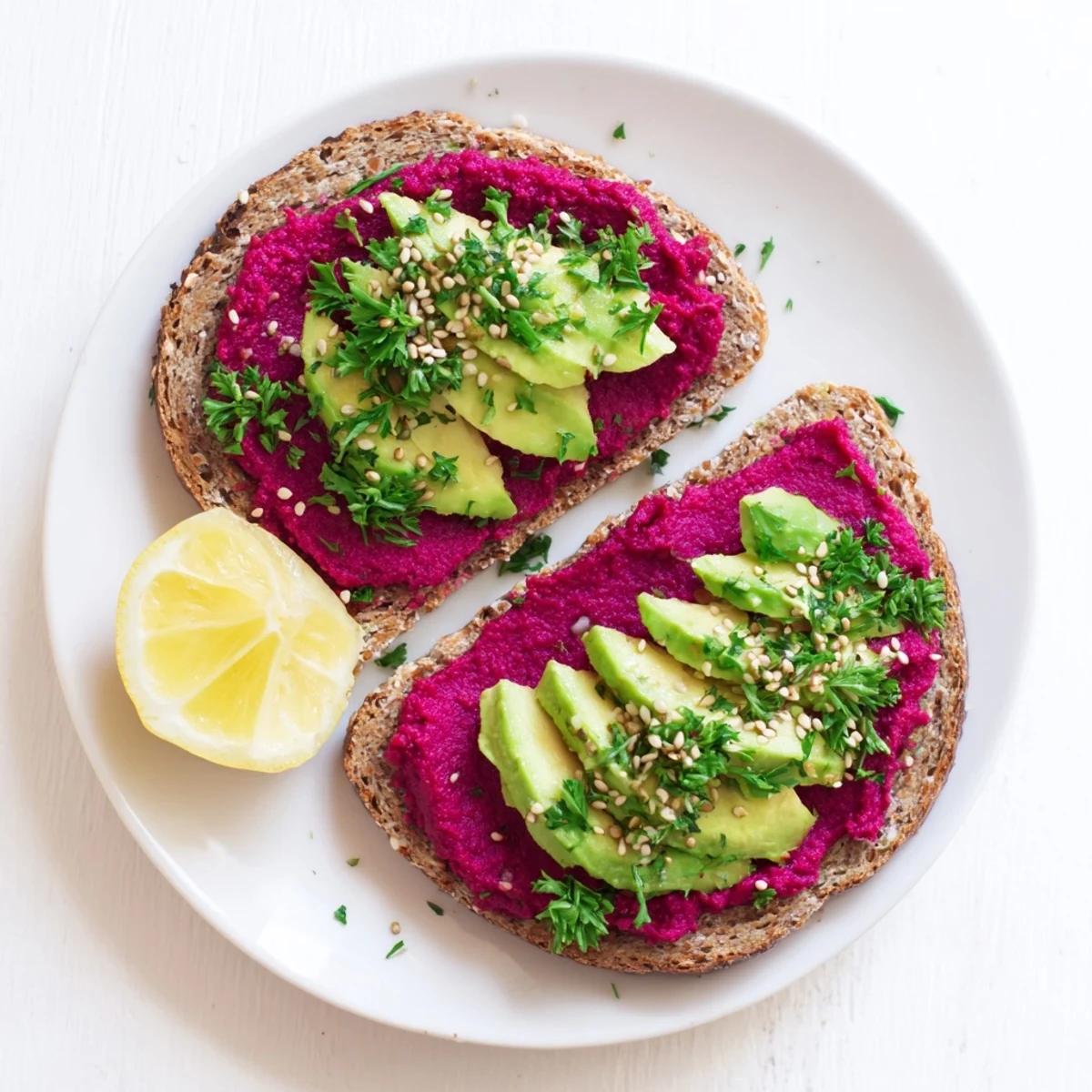 Vibrant avocado beet hummus toast with creamy pink spread layered on toasted sourdough bread slices
