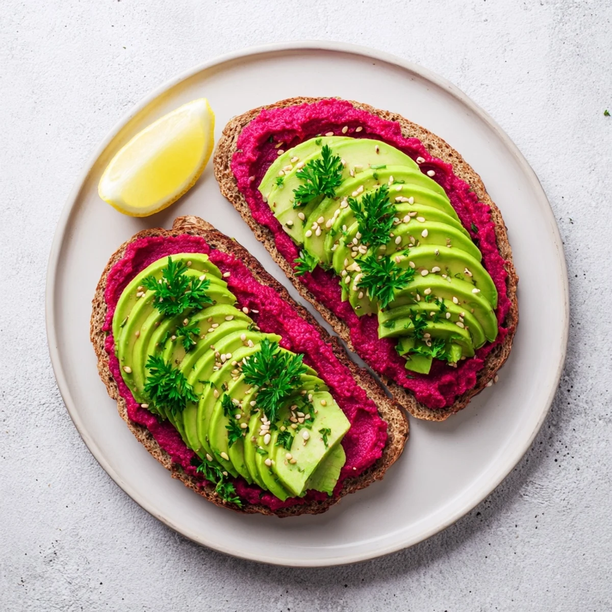 Healthy breakfast toast topped with bright beet hummus and fresh ripe avocado slices garnished with parsley