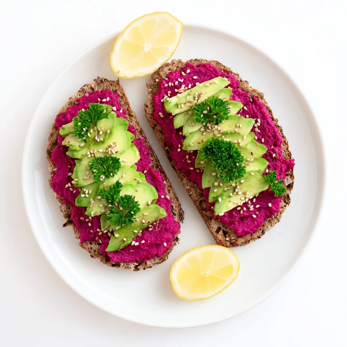 Mediterranean-inspired avocado beet hummus toast featuring colorful stacked ingredients on crispy whole grain bread