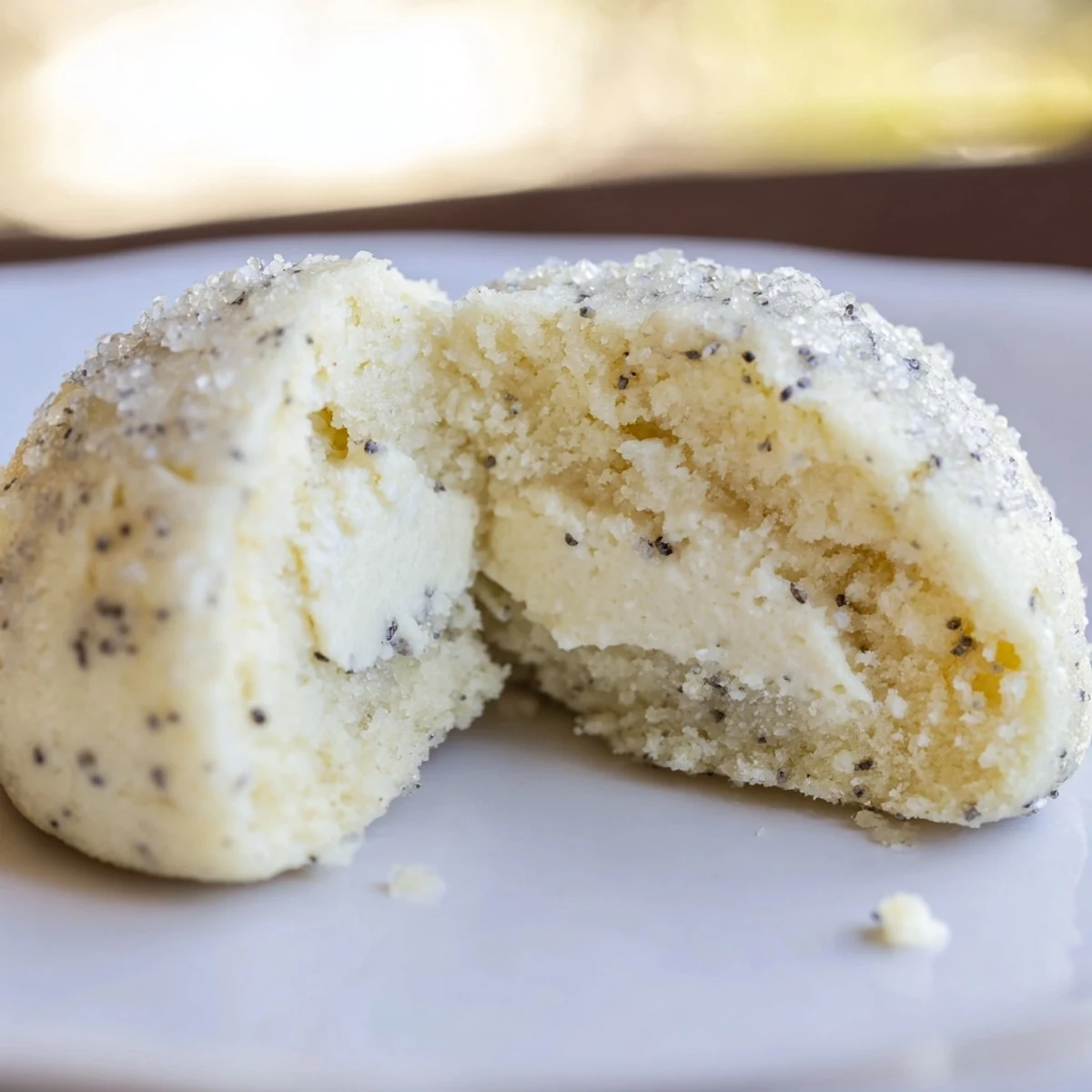 Baked lemon poppy seed cheesecake cookies stacked on a white serving platter