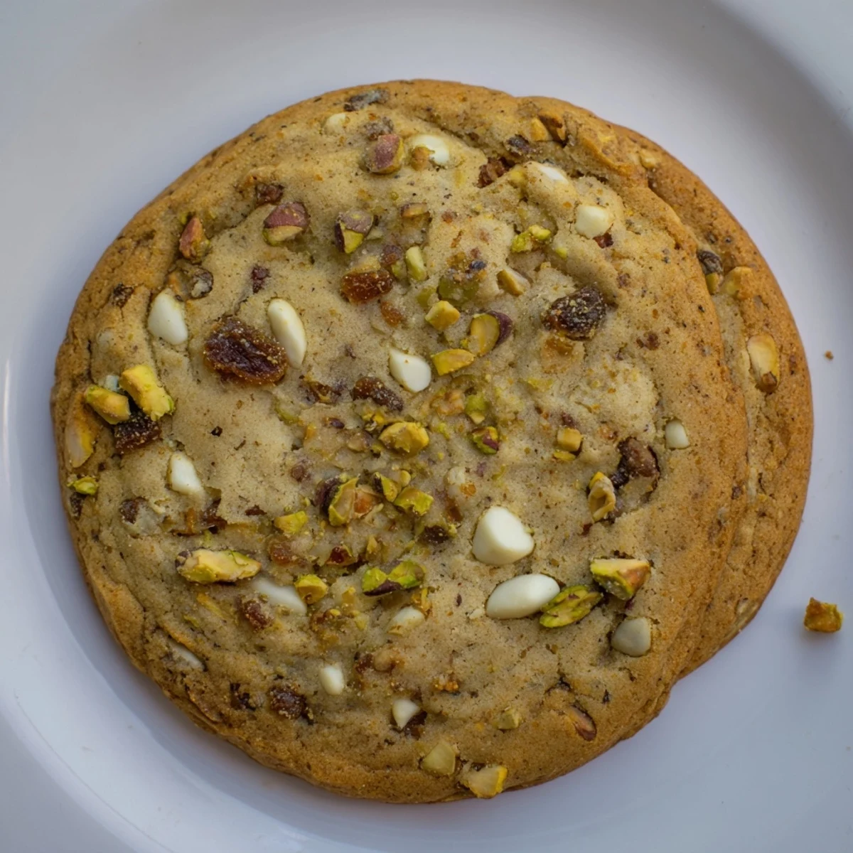 Golden brown Dubai chewy cookie studded with chopped pistachios and sweet dates on a white plate