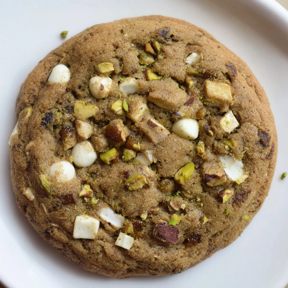 Close-up of Dubai chewy cookie showing chewy texture with dates, pistachios, and melted chocolate chips