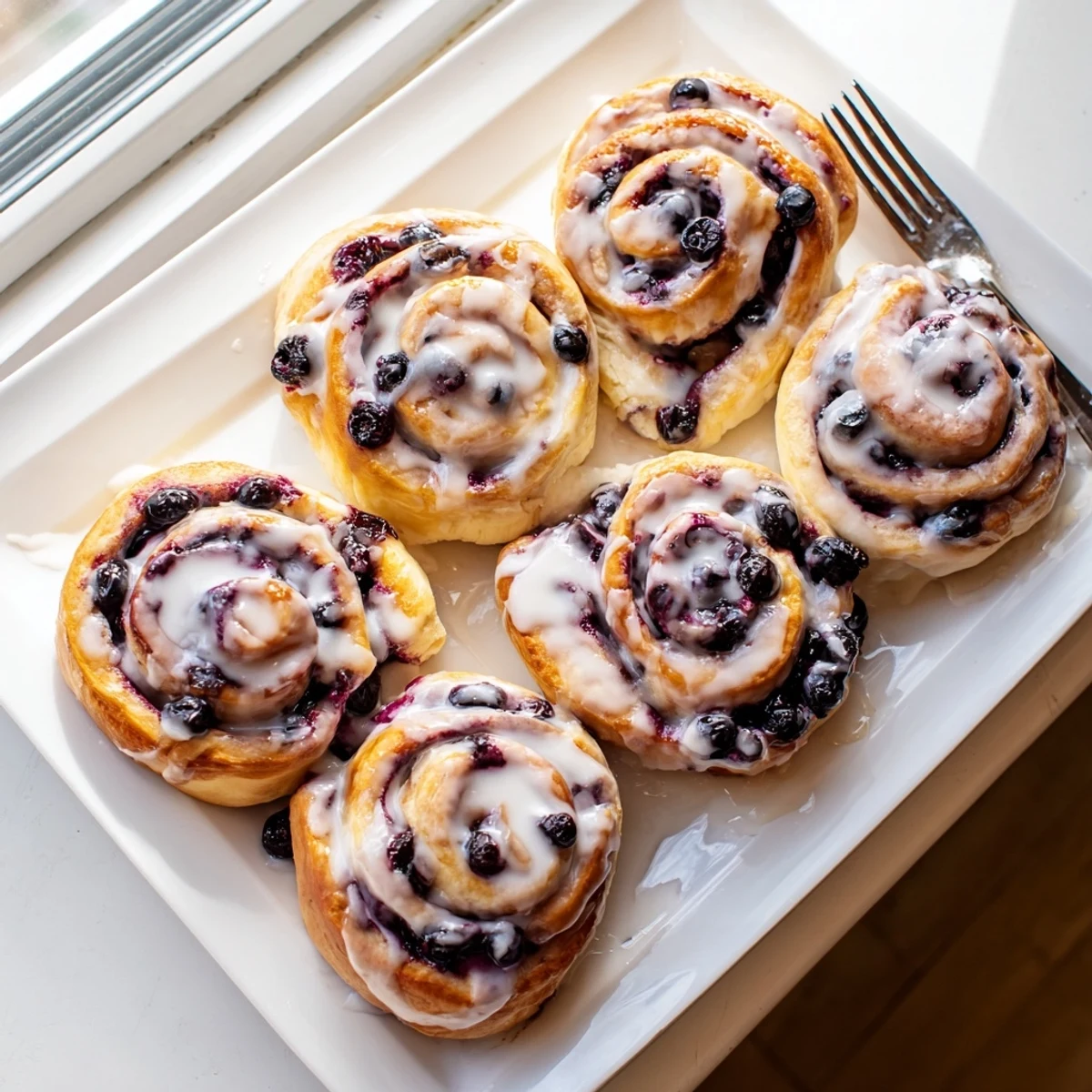 Freshly baked lemon blueberry rolls drizzled with zesty glaze on a rustic serving board