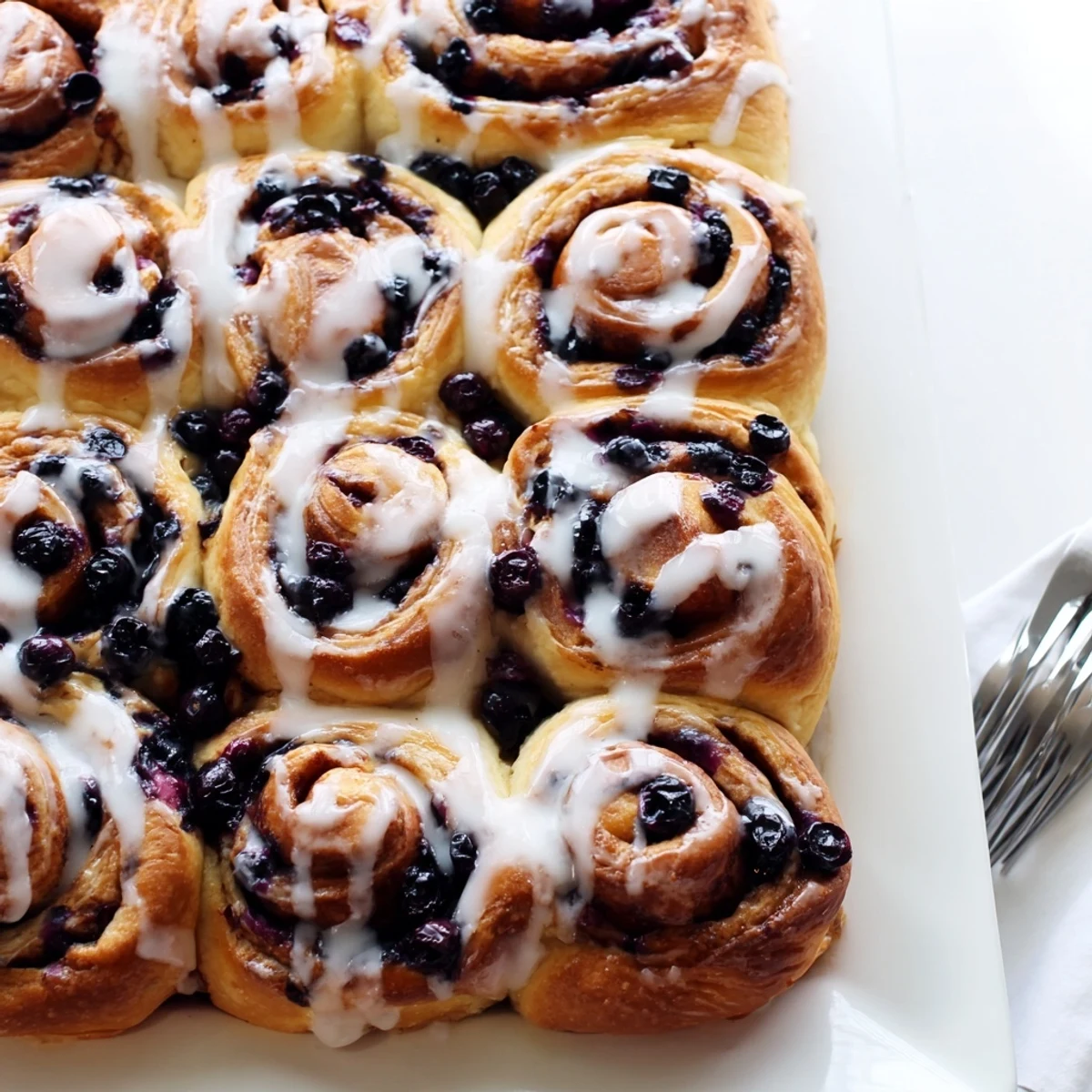 Golden spiral pastry swirled with sweet blueberries and bright lemon zest finished with white icing