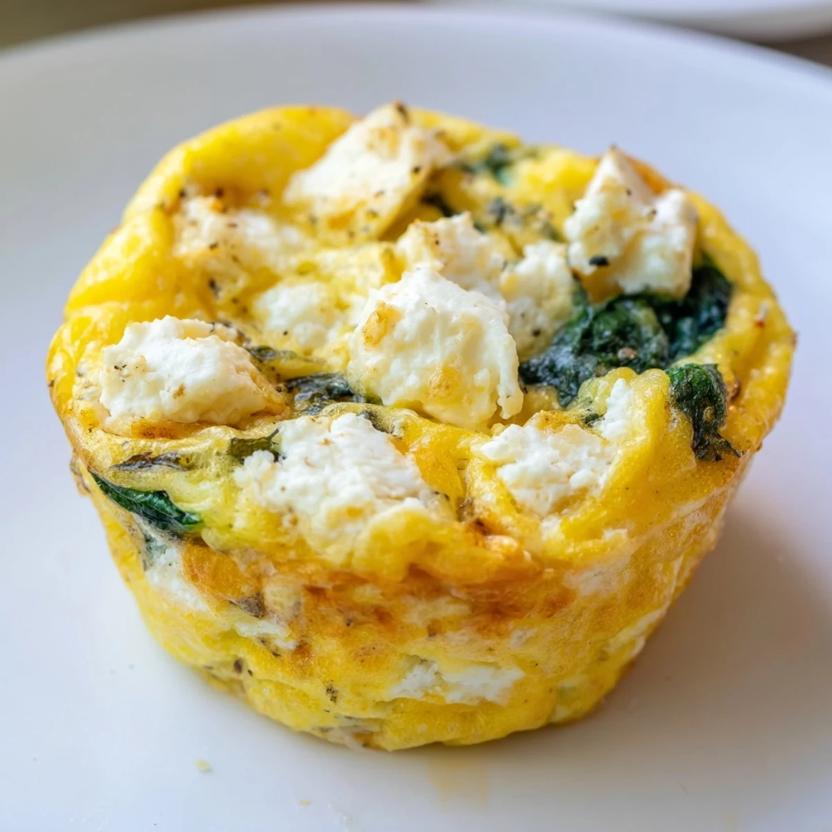 Fluffy egg muffins topped with melted feta and fresh spinach bits