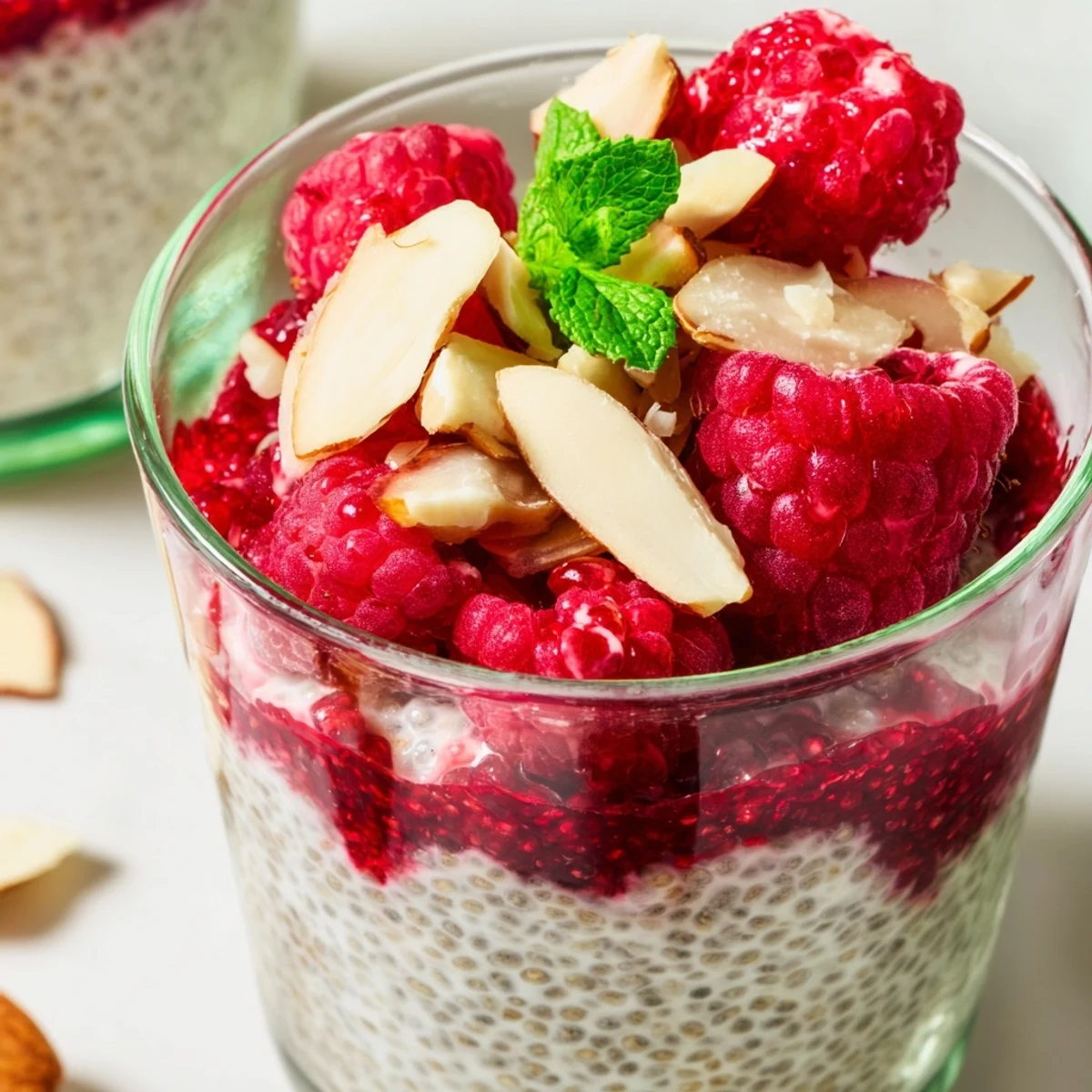 Vegan raspberry chia pudding made with almond milk and drizzled with pure maple syrup