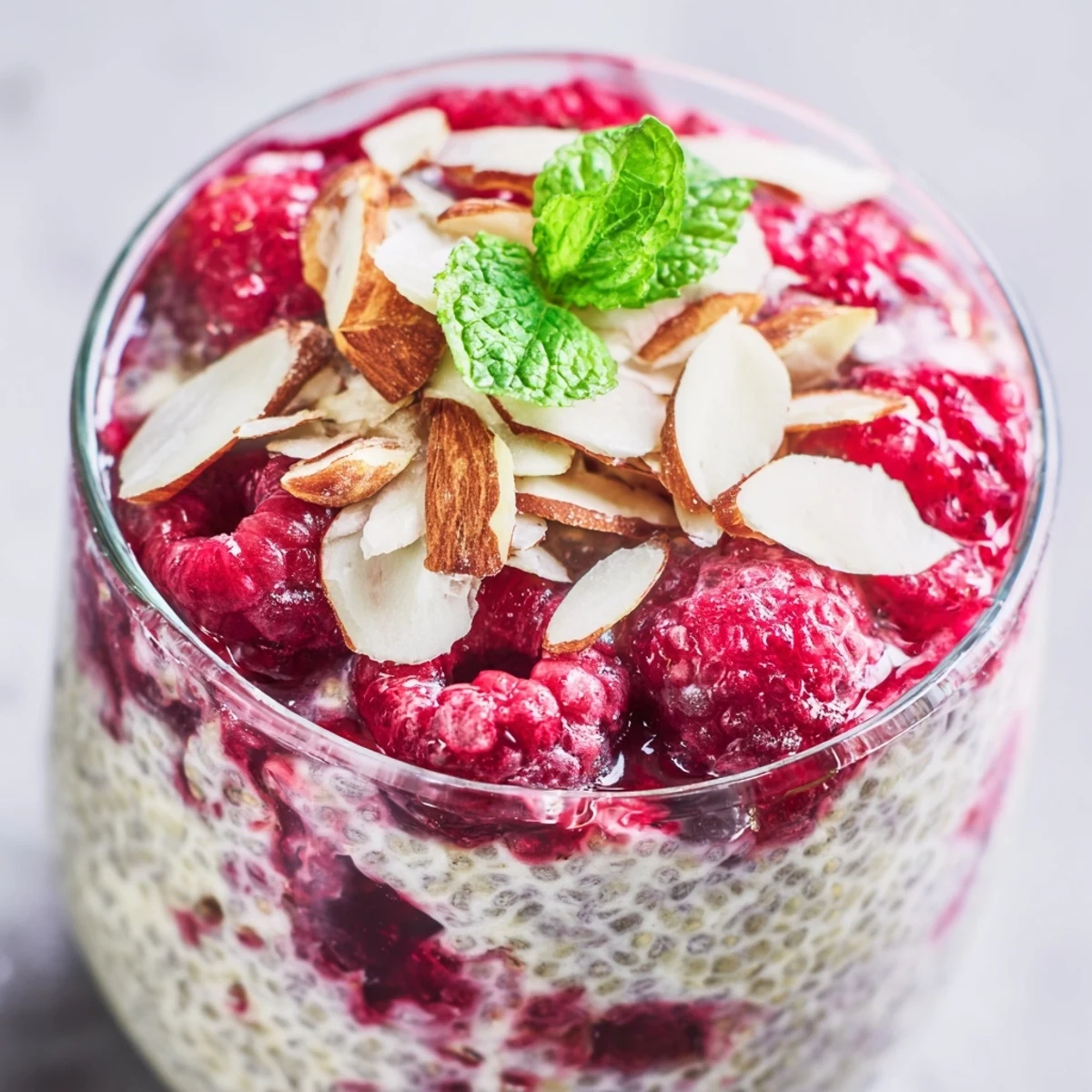 Creamy raspberry chia pudding sweetened with maple syrup layered with fresh red raspberries and mint