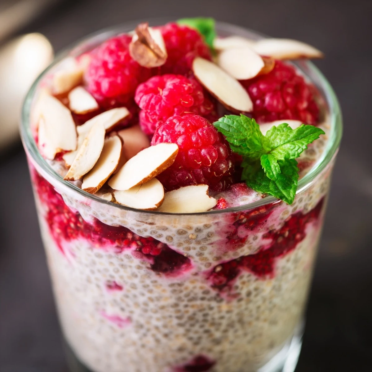 Glass jar showcasing layered raspberry chia pudding with maple syrup and fresh berry topping