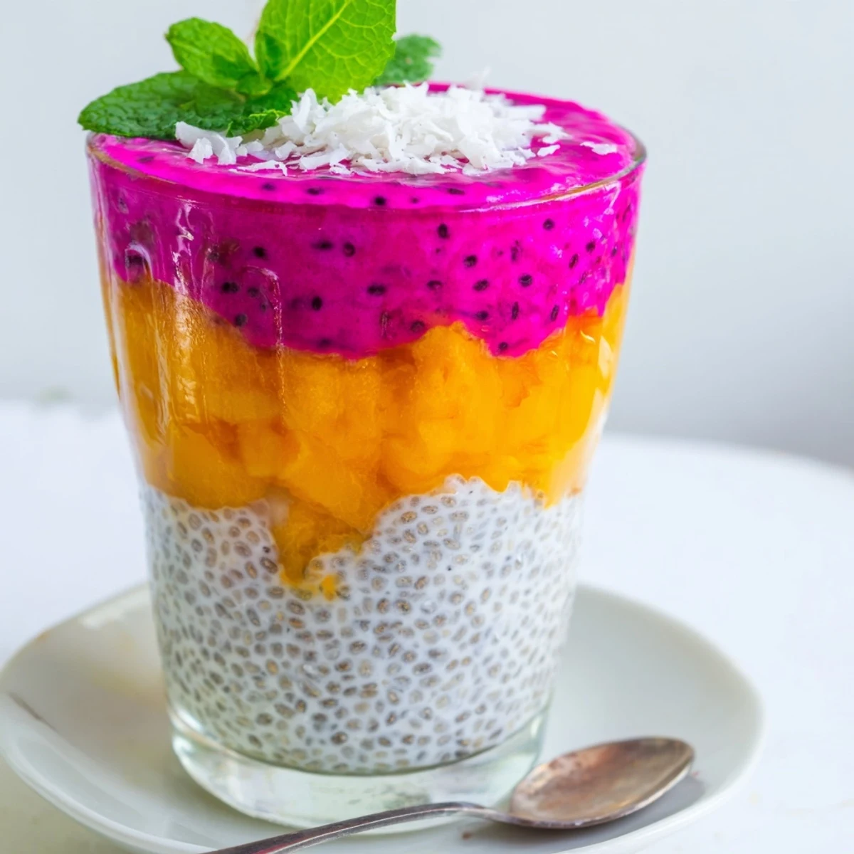 Vibrant layered mango and dragon fruit chia pudding in glass jar with mint garnish