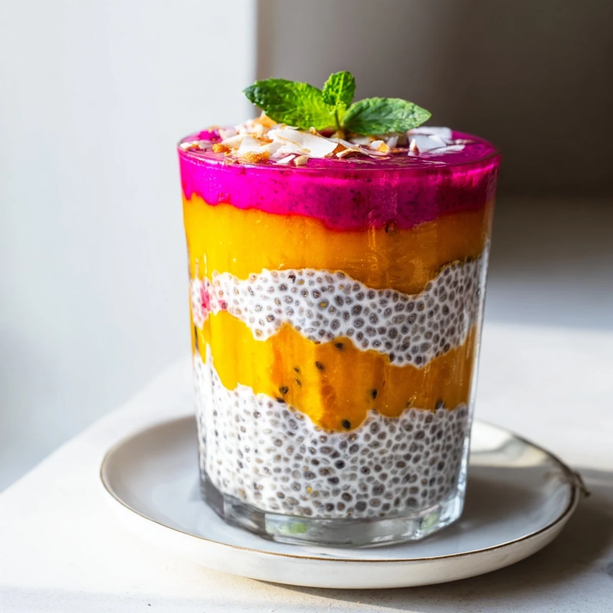 Glass dessert parfait showing alternating mango dragon fruit layers with white coconut chia pudding