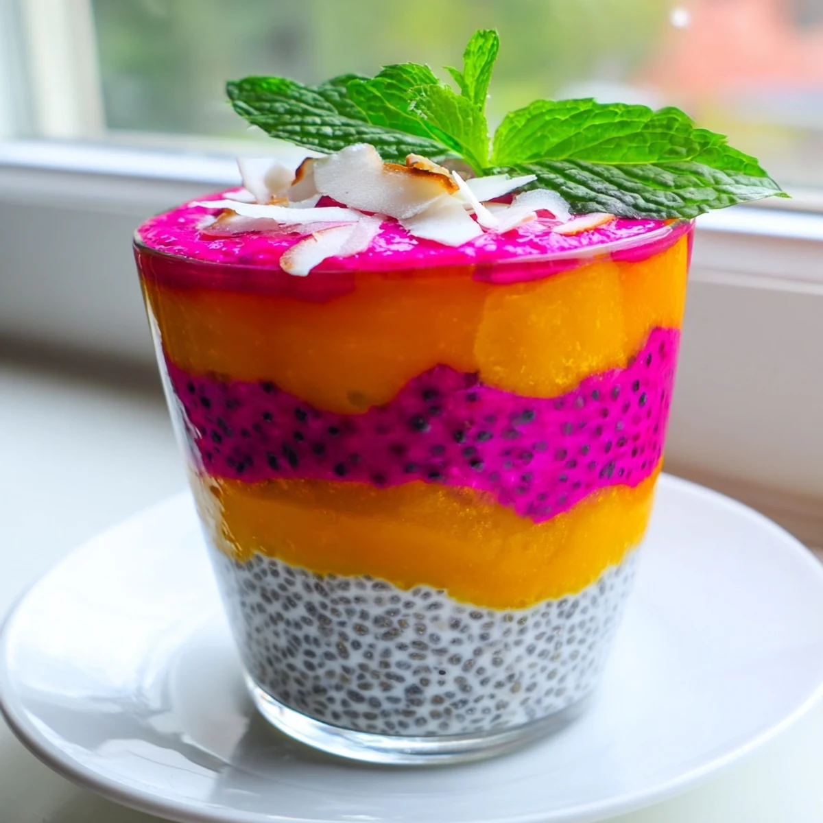 Creamy coconut chia bowl topped with fresh tropical mango and pink dragon fruit cubes