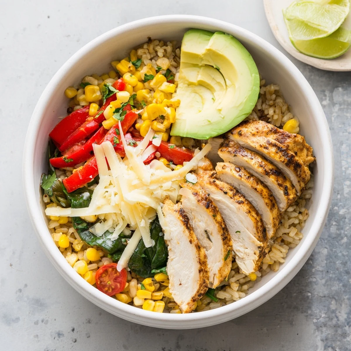Colorful Southwest spice green chile bowl topped with tender chicken, avocado slices, and fresh cilantro garnish.