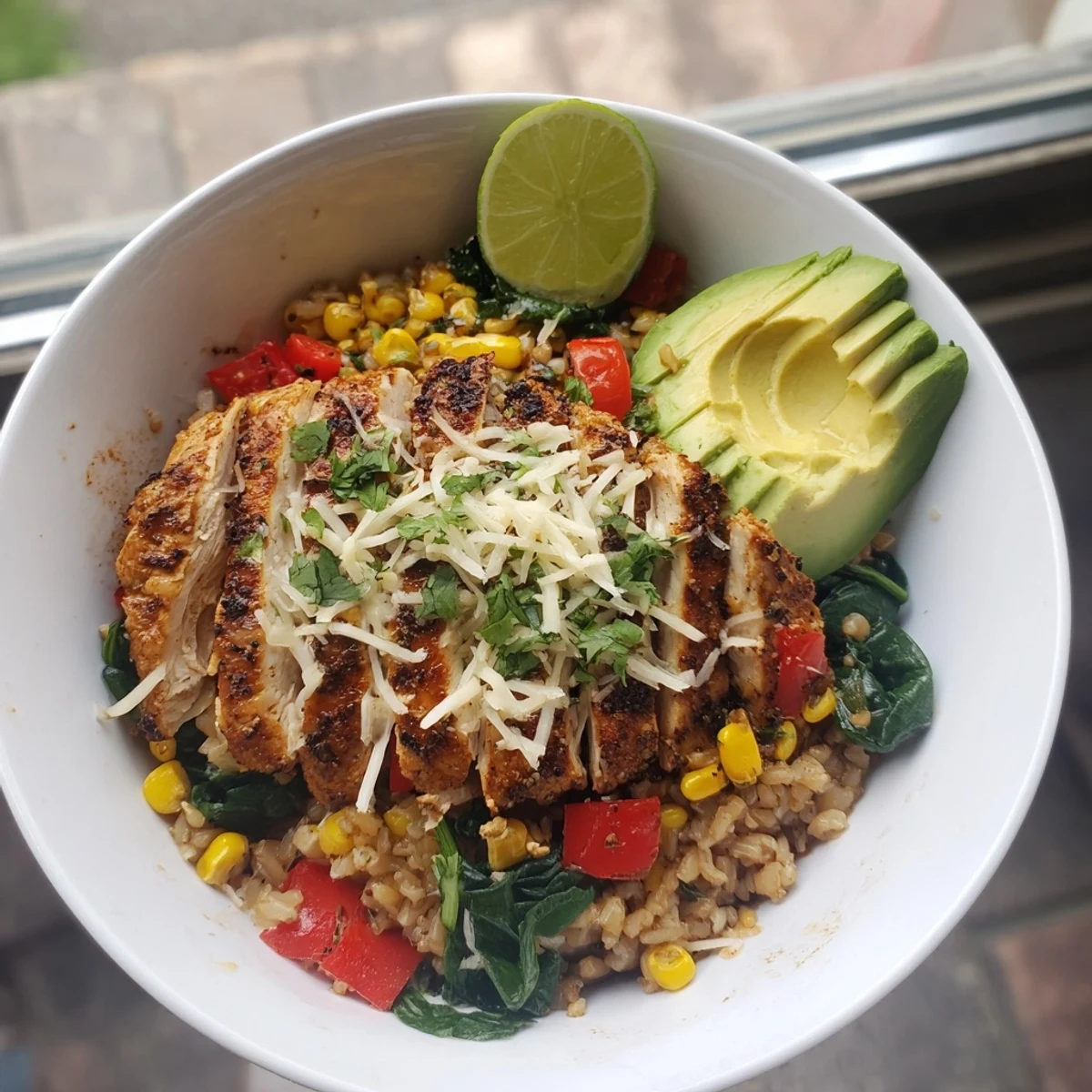 Hearty green chile bowl featuring spiced chicken over brown rice with roasted peppers, corn, and lime.