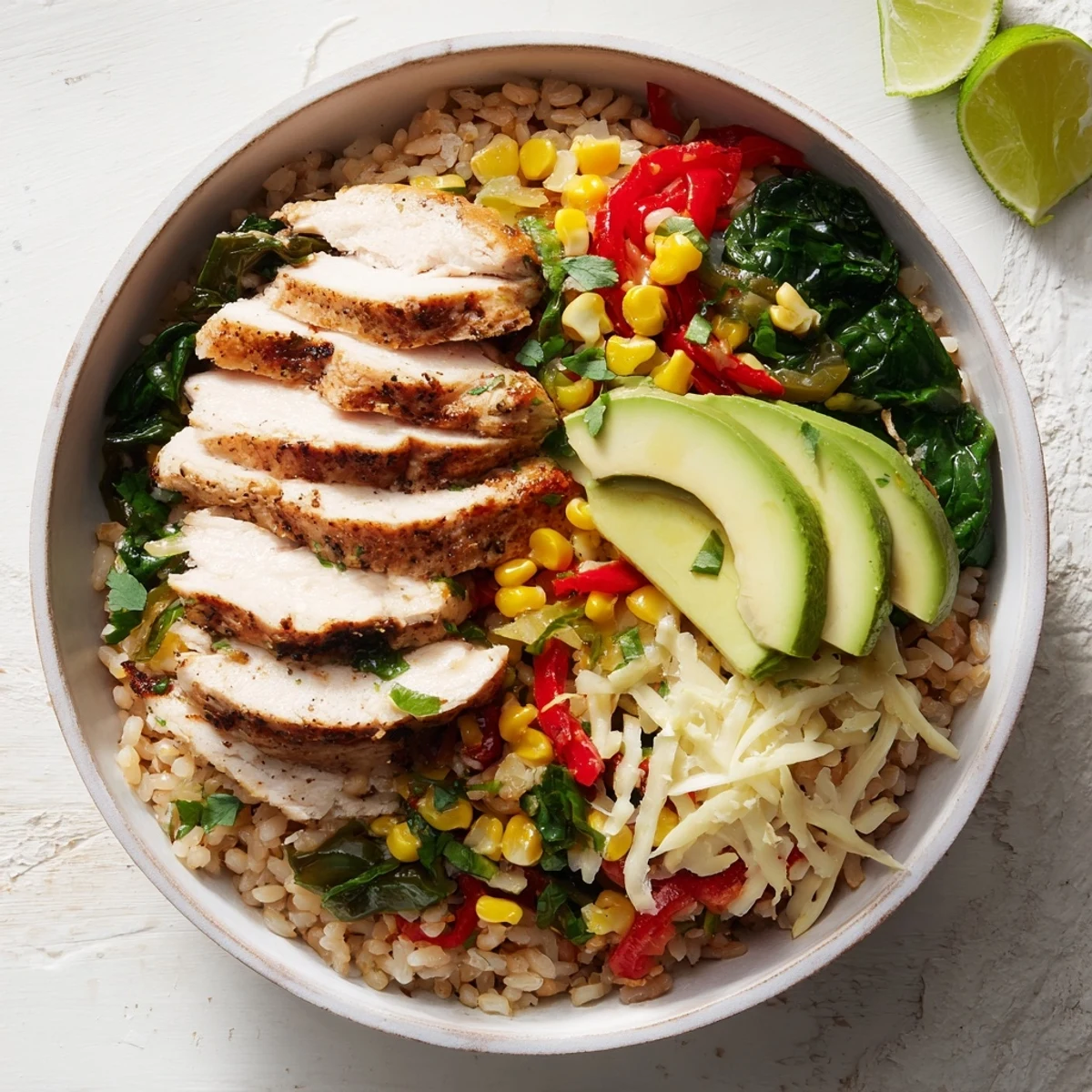 Southwest spice green chile bowl with juicy chicken, vibrant vegetables, cheese, and creamy avocado in rustic layers.